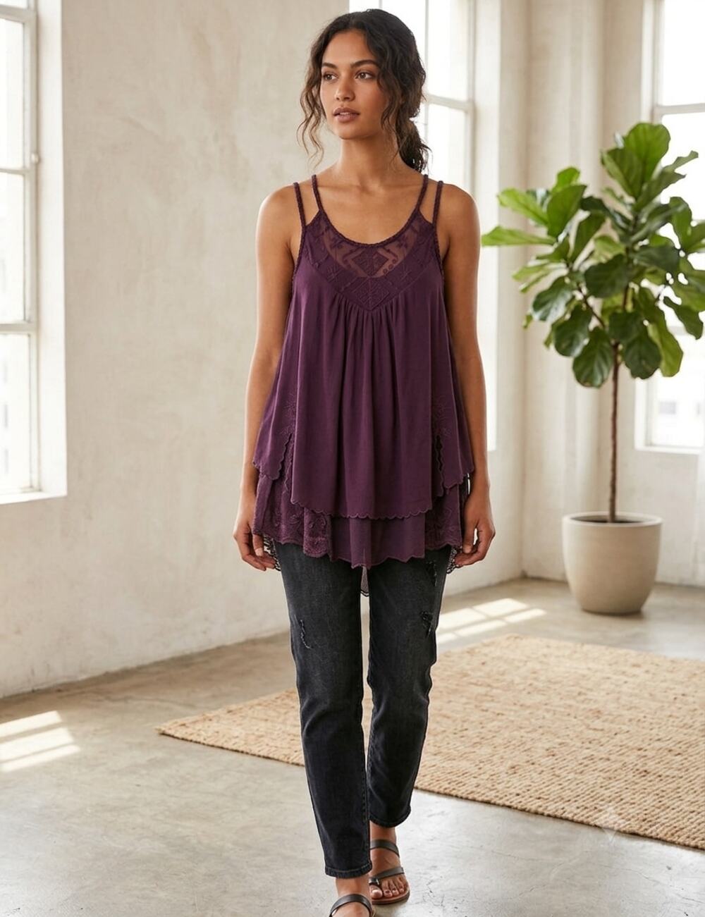 Free People Bohemian Tiered Lace Detail Tank Top Plum Boho Romantic Festival S